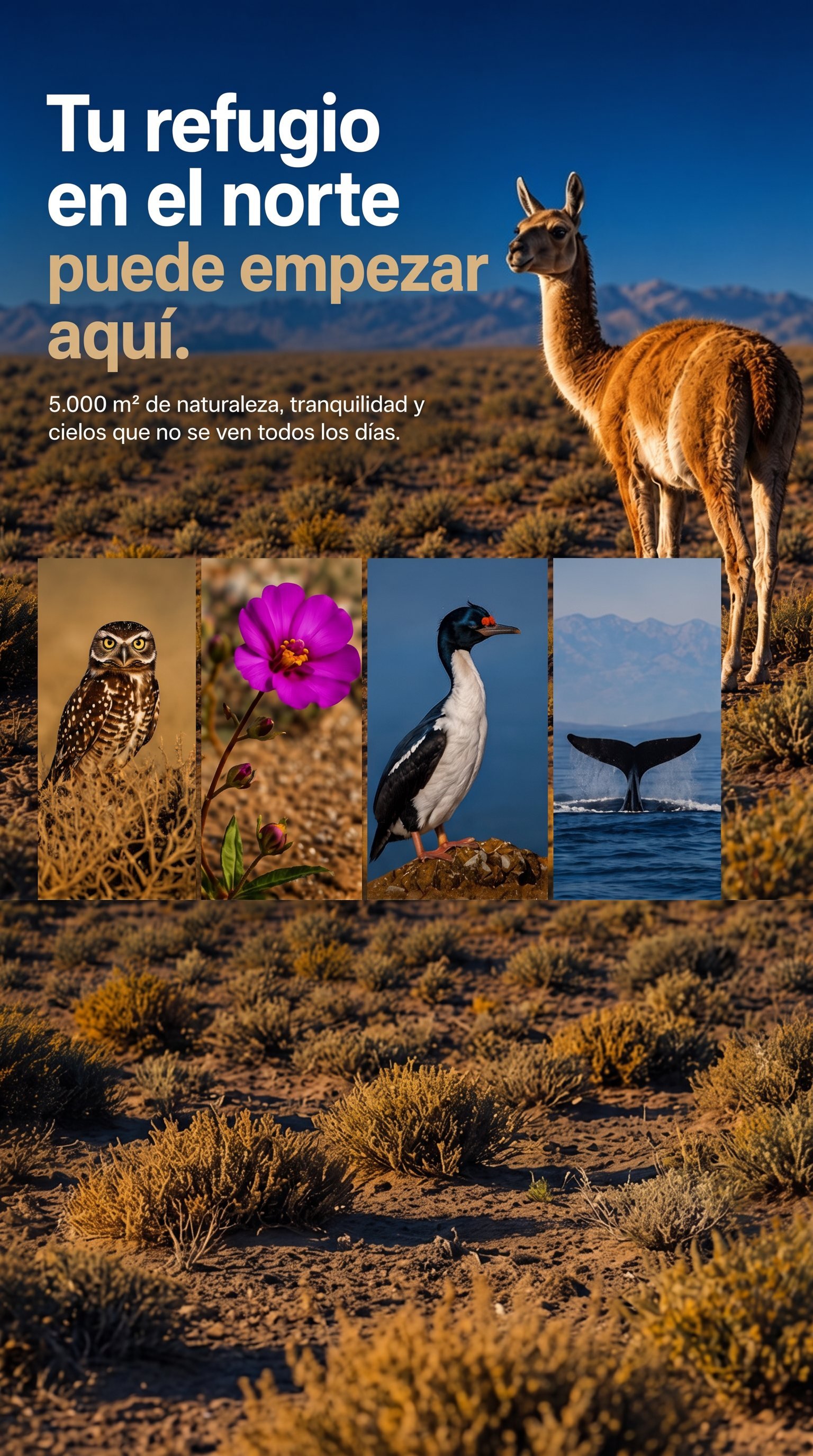 Guanaco junto a un collage de fauna nativa de Los Choros, con el mensaje: tu refugio en el norte puede empezar aquí